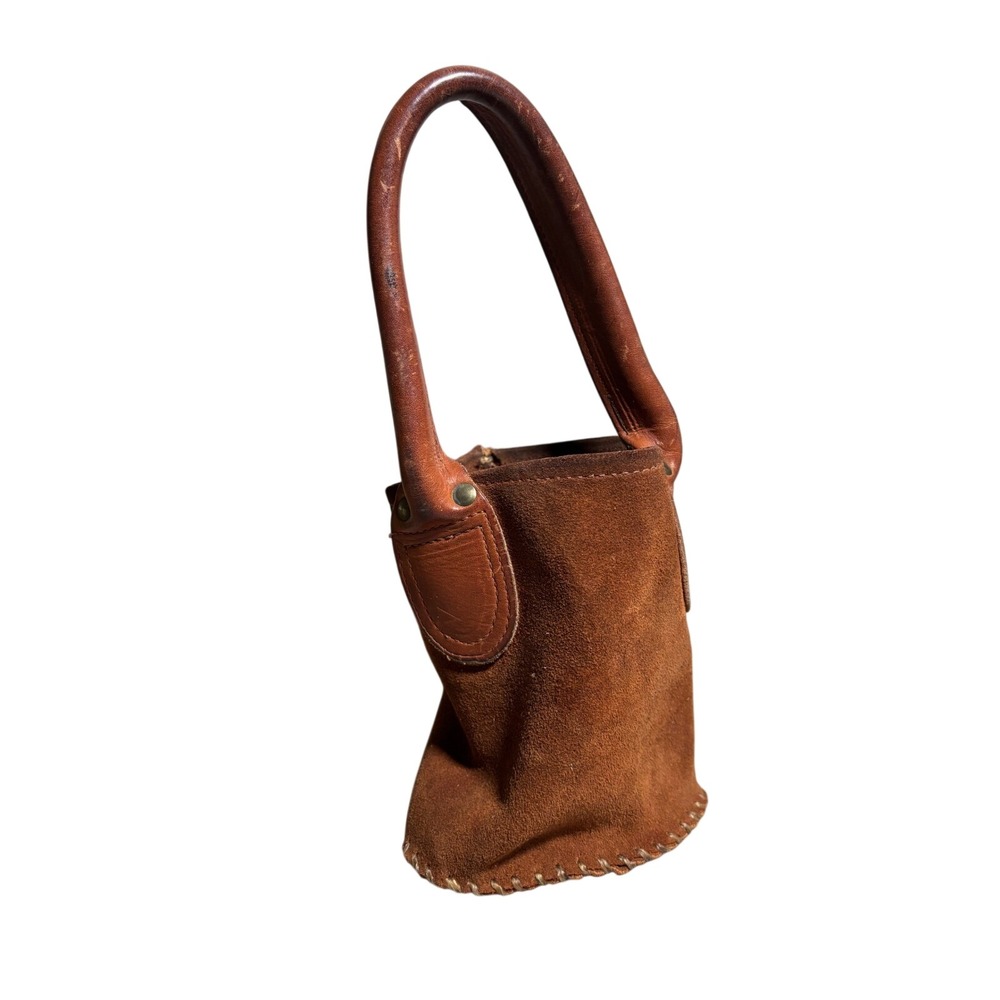 Vintage Brown Suede Mini Bucket Bag Whipstitch Leather Handle Boho Western